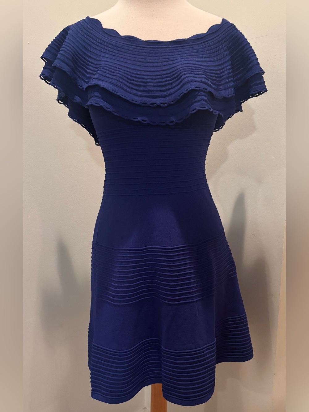 Eliza J Royal Blue Ruffled Neck Midi Dress knit size small - Picture 3 of 4